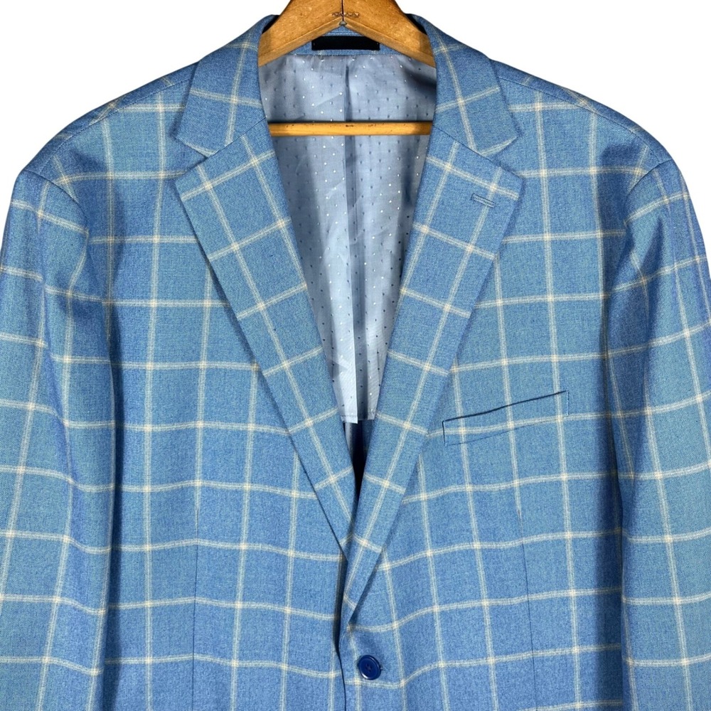Michael Strahan Blazer Mens 50L Light Blue Windowpane Plaid Stretch Sport Coat